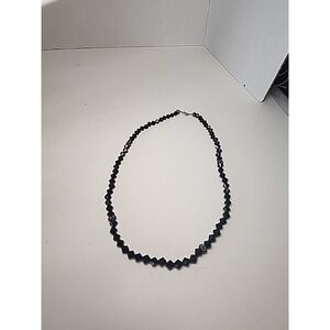Art Deco Style French Jet Black Glass 19" Necklace W/ Silvertone Floral Spacers